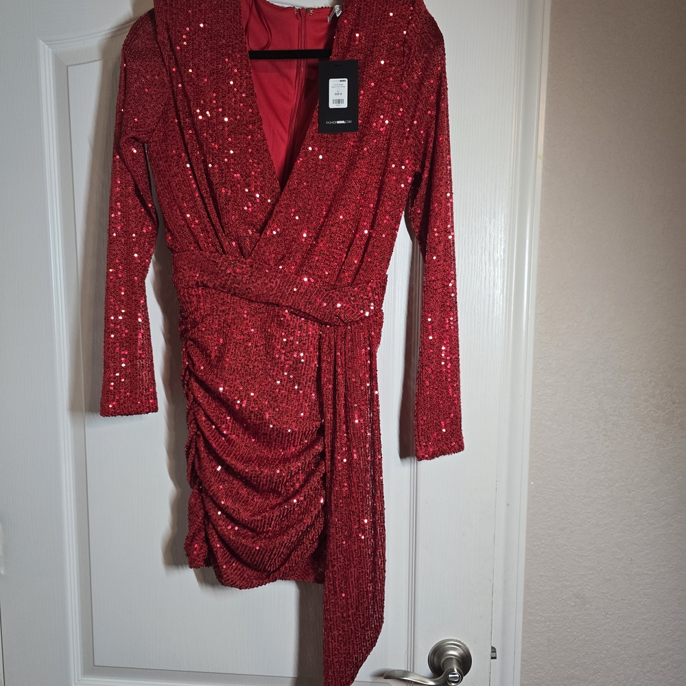 Elegant Red Sequin Wrap Dress